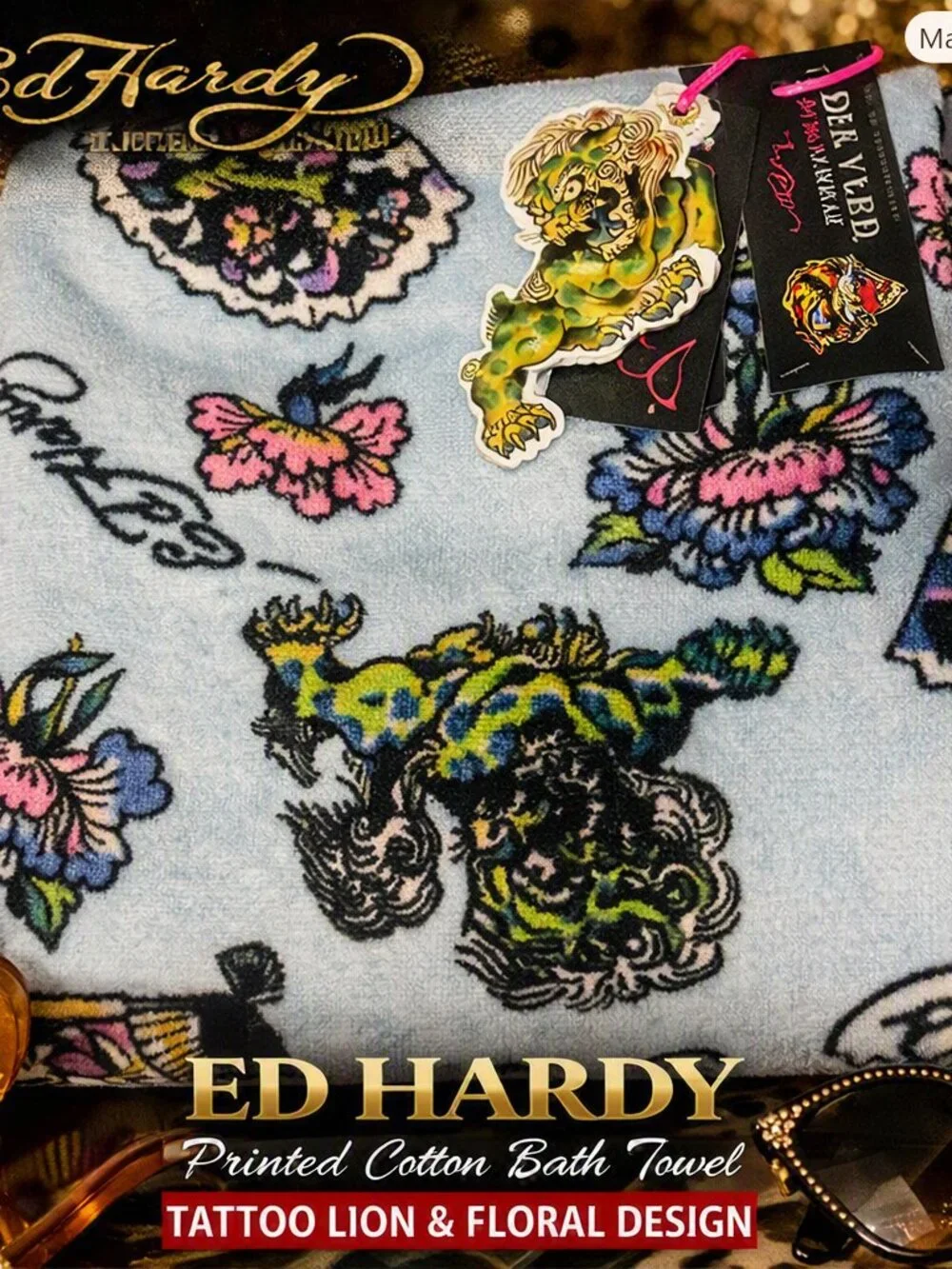 Ed Hardy Printed Cotton Bath Towel – Tattoo Lion & Floral Art
